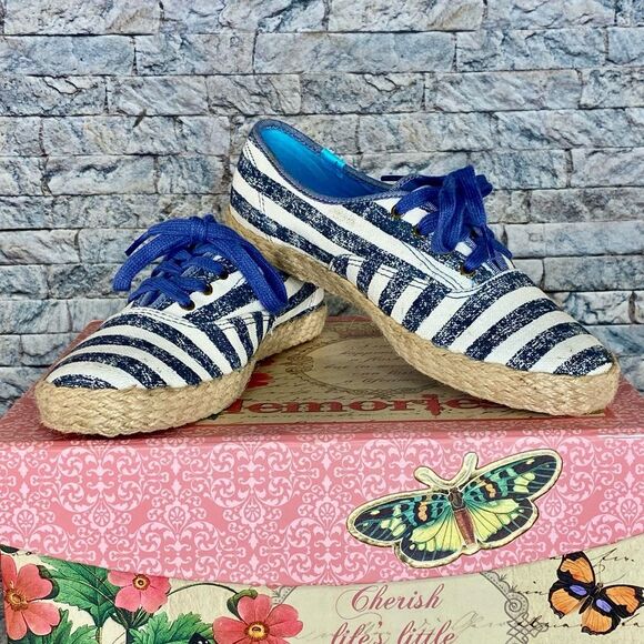 Keds Champion Washed Navy Striped Sneakers Jute Espadrille Style Soles Size 7 - Picture 2 of 9